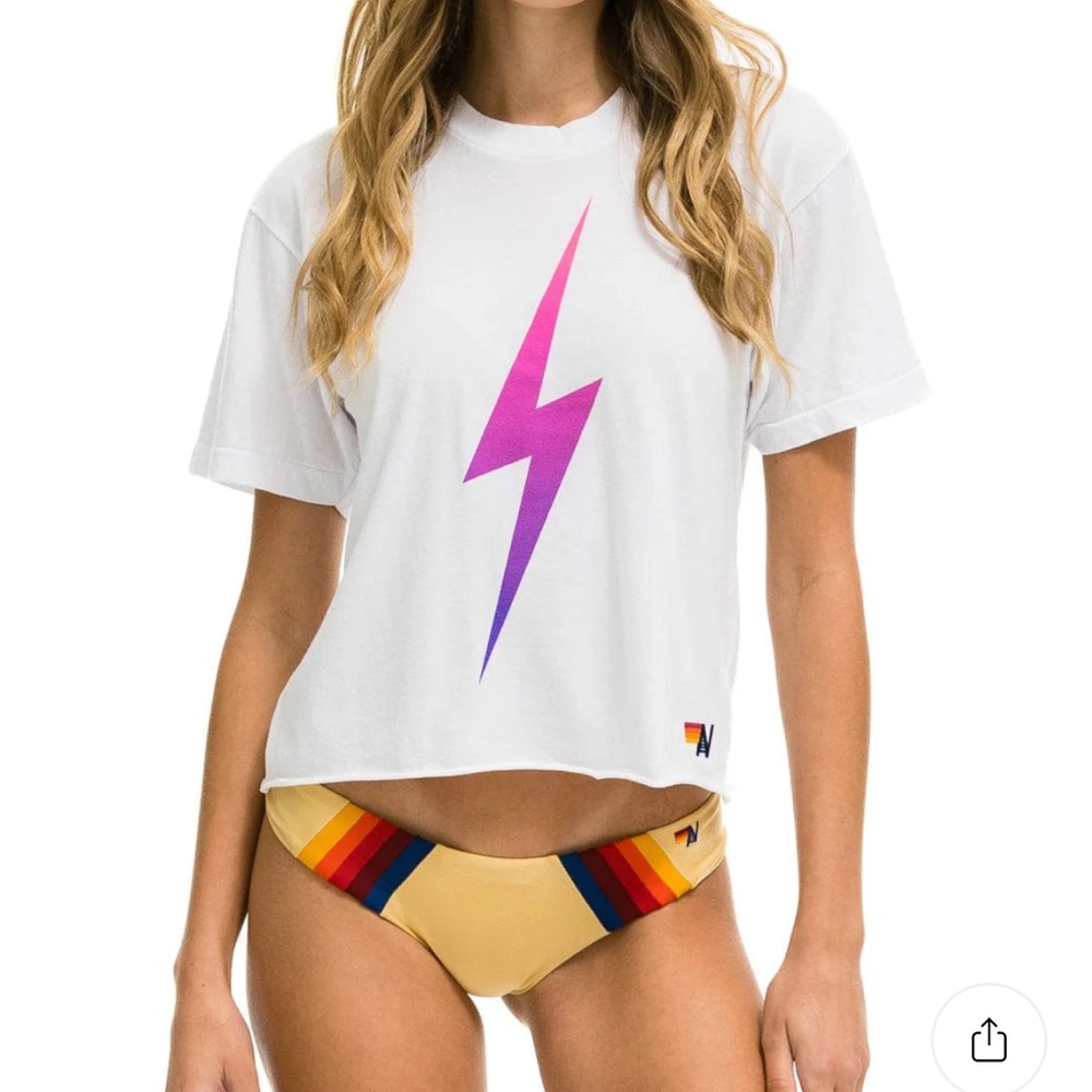 Aviator Nation White Tee with Pink and Purple Lightning Bolt